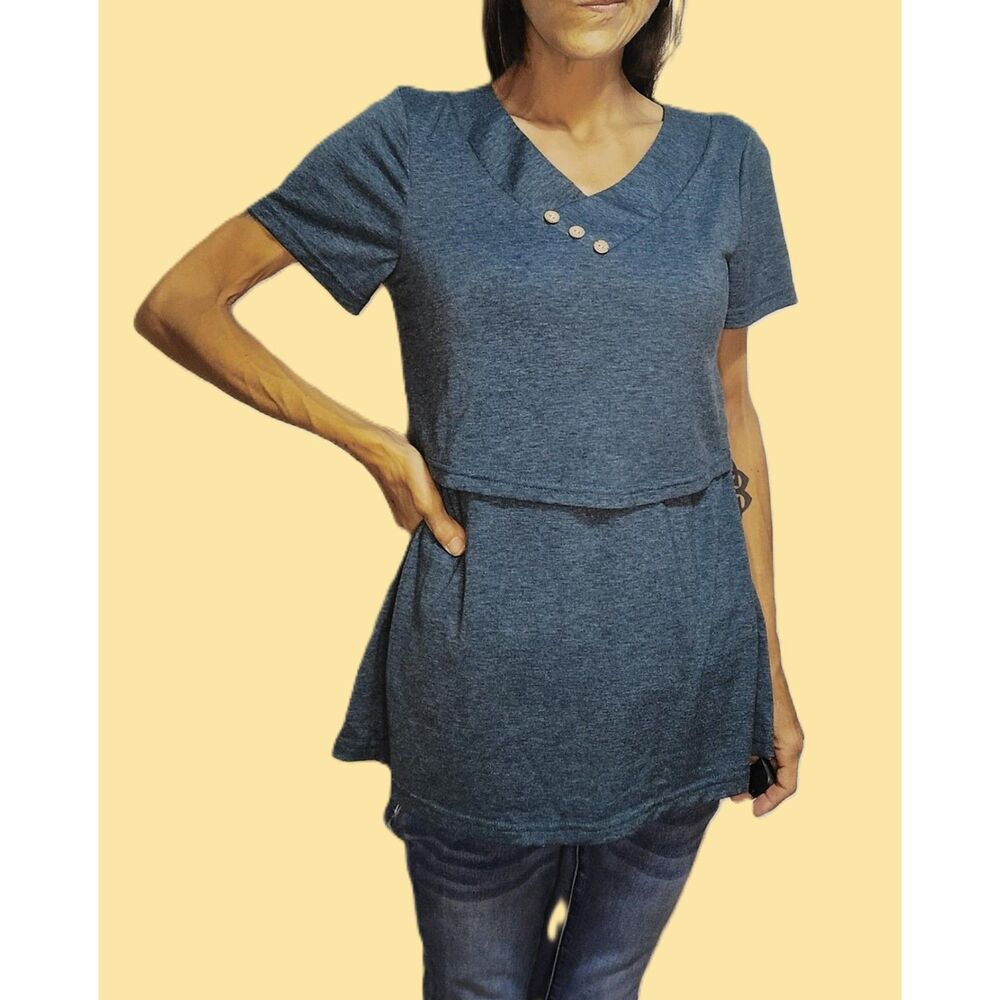 Joy Mom ~ Hunter Green Button Nursing Maternity Top ~ Small